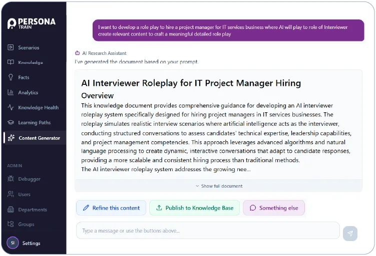 The Content Generator chat in PersonaTrain.ai drafting a new knowledge document with auto-tagging and ready-to-publish output