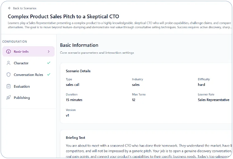 A scenario briefing page in PersonaTrain.ai showing a real-world rep readiness scenario with AI character details, learner objectives, and grounding instructions