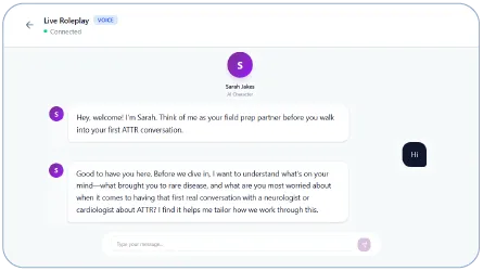 The text chat experience in PersonaTrain.ai showing a learner mid-conversation with an AI character and a session sidebar with tips