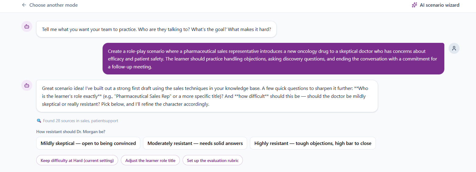 AI scenario wizard generating a pharmaceutical sales role-play from a plain-language prompt