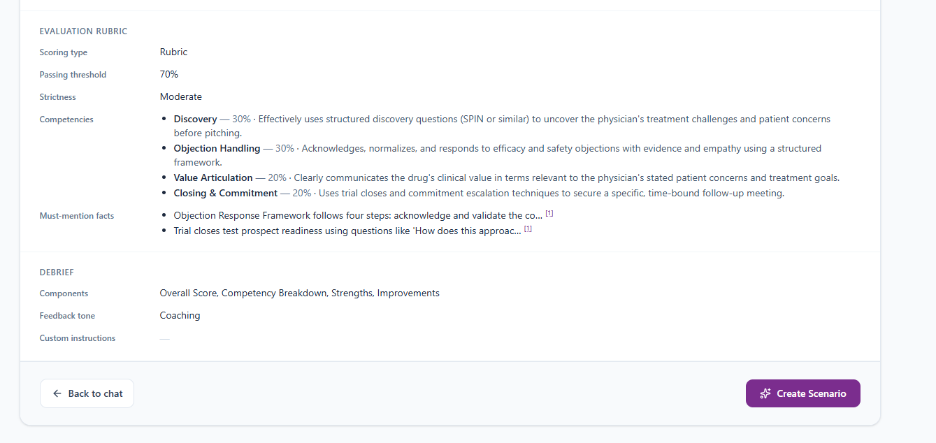 AI-generated evaluation rubric with competency weightings, passing threshold, and debrief settings